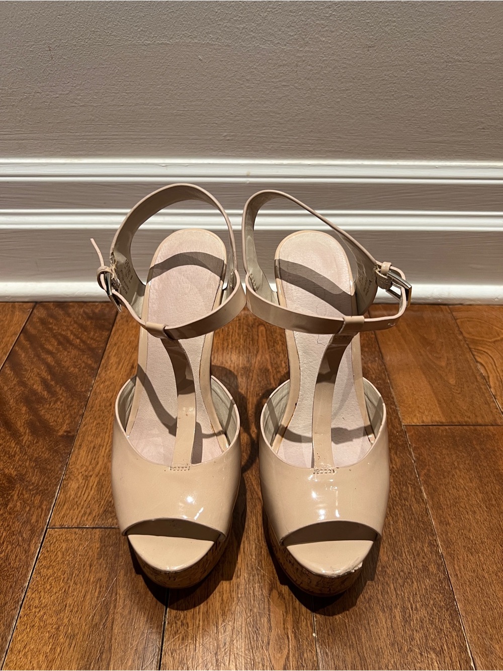Beige Patent Peep-Toe Platform Sandals with Ankle Strap